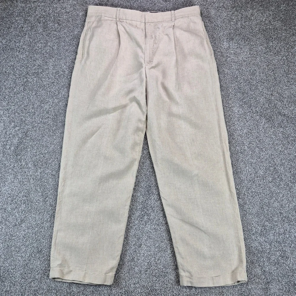 Eddie Bauer 100% Linen Pants Mens 35 Beige Pleated Cuffed Trousers
